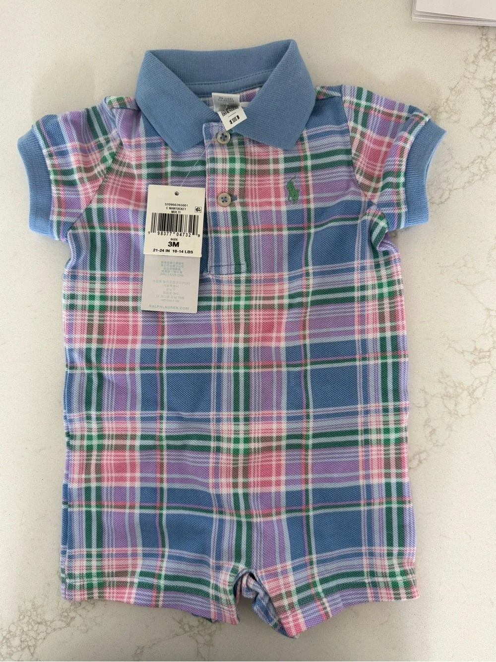 Ralph Lauren Plaid Polo Romper in Blue, Pink & Green